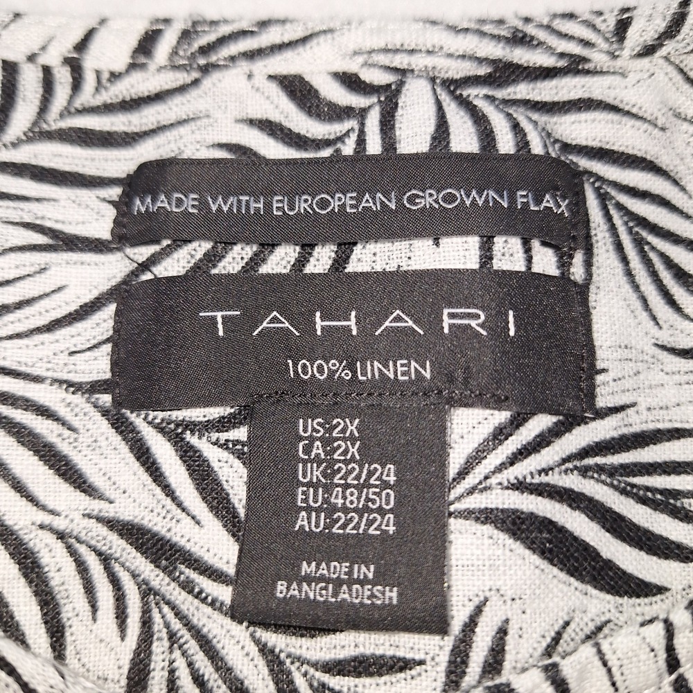 Tahari Top Womens 2X Black Palm Leaf Botanical 100% Linen Tunic European Flax - Picture 3 of 8
